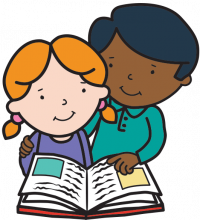 child reading a book with parent or carer helping